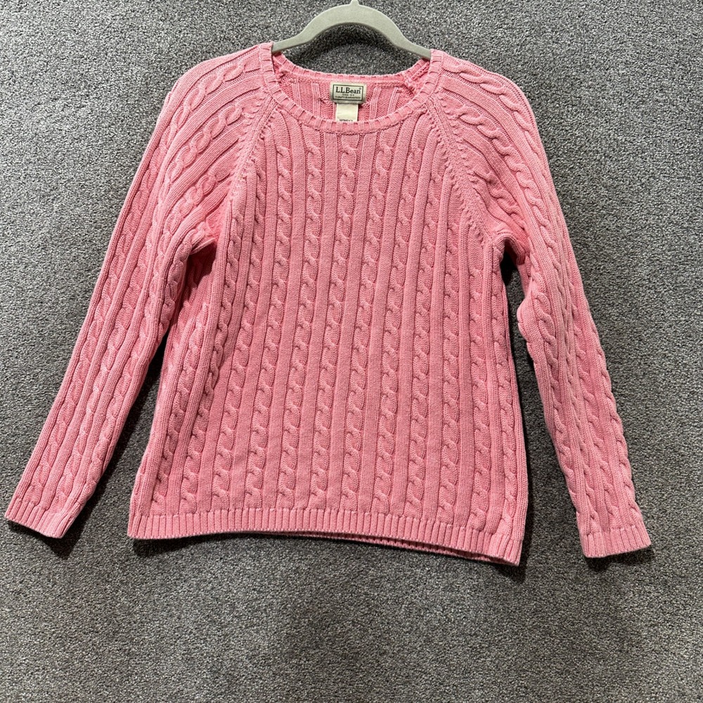 LL Bean Cable Knit Sweater Women Medium Pink Cotton Crewneck Preppy Fisherman
